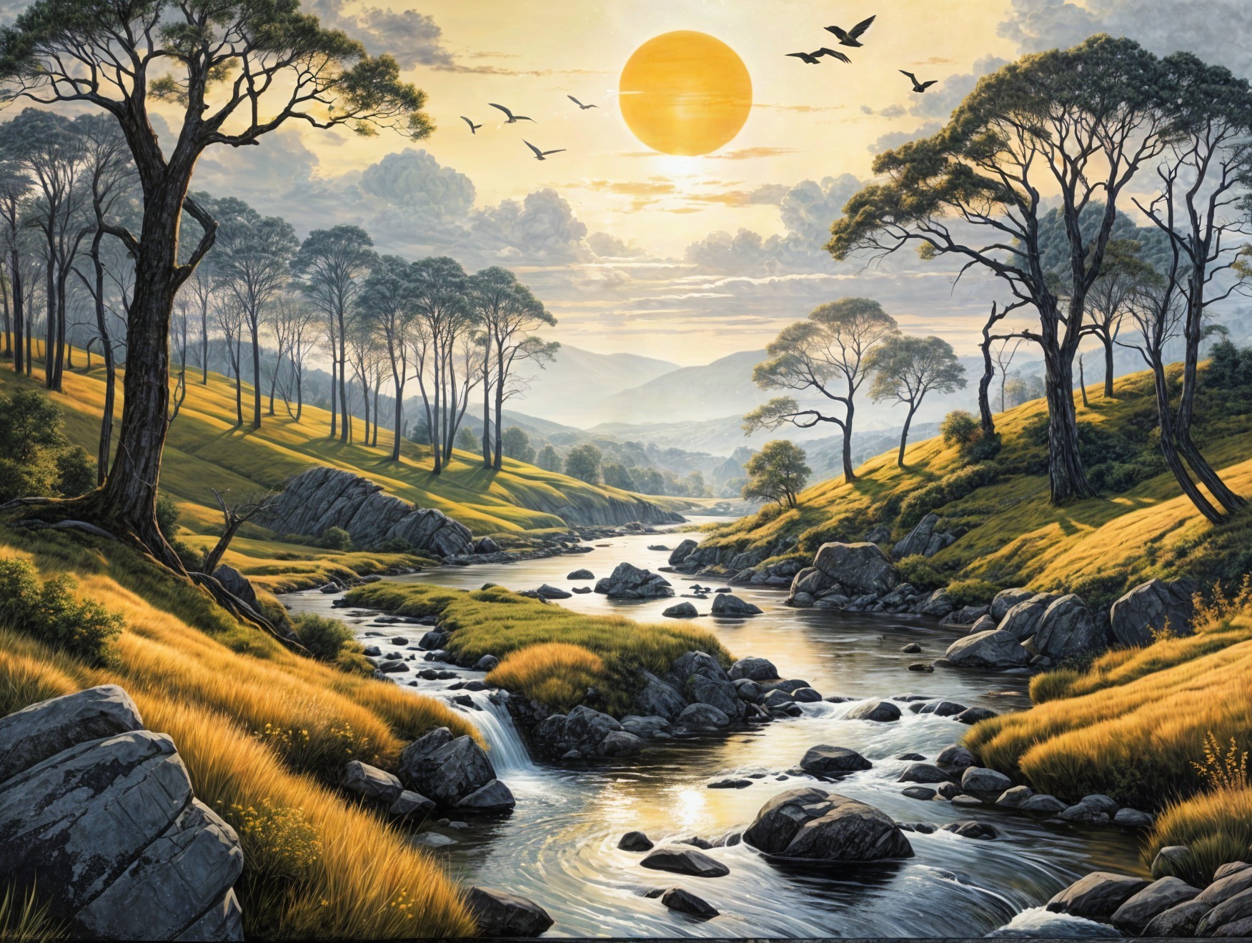 Serene Landscape with Winding River and Lush Hills