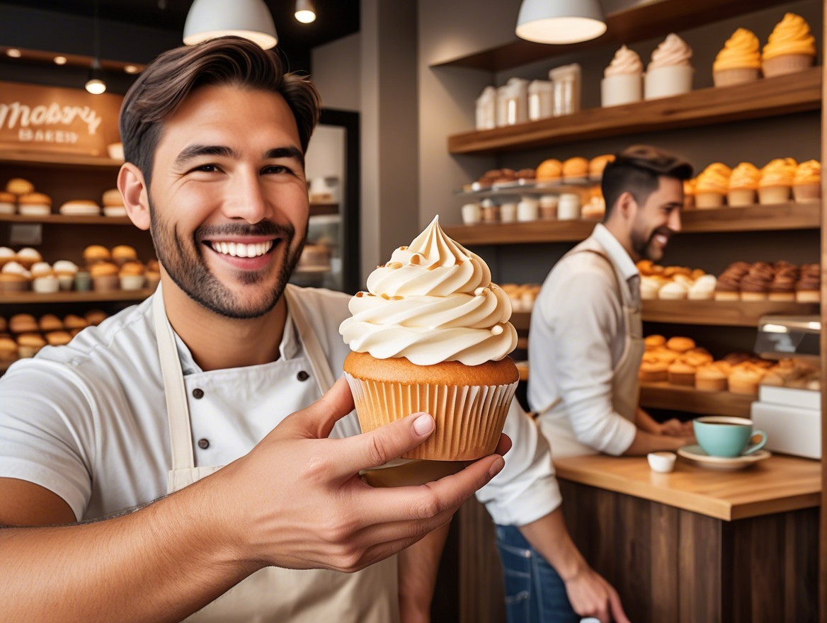 Male Baker with Large Cupcake in Cozy Bakery