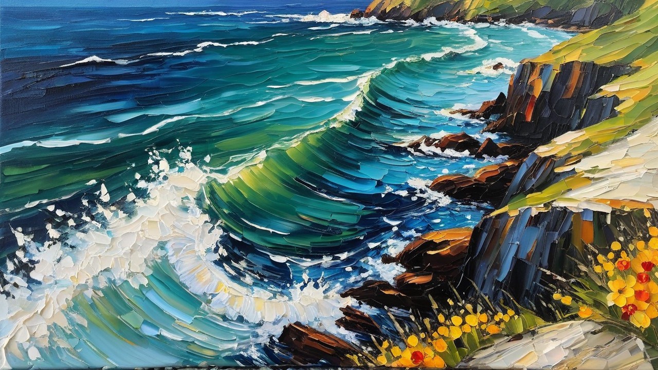 Vibrant Coastal Scene with Waves and Cliffs