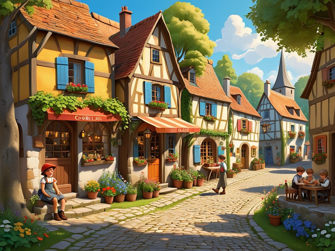 Charming Cobblestone Street in a Quaint Village Scene