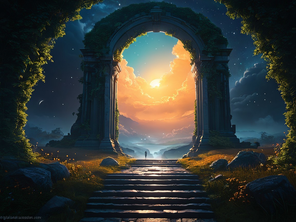 Majestic stone archway under a glowing sunset sky