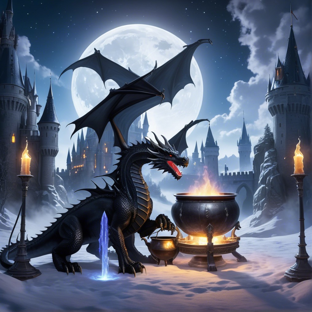Black Dragon Beside Cauldron Under Full Moon
