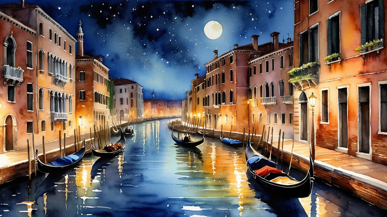 Serene Night Scene of Venice with Moonlit Canals