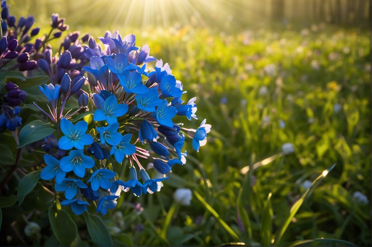 Close-Up of Vibrant Blue Flowers in Green Meadow