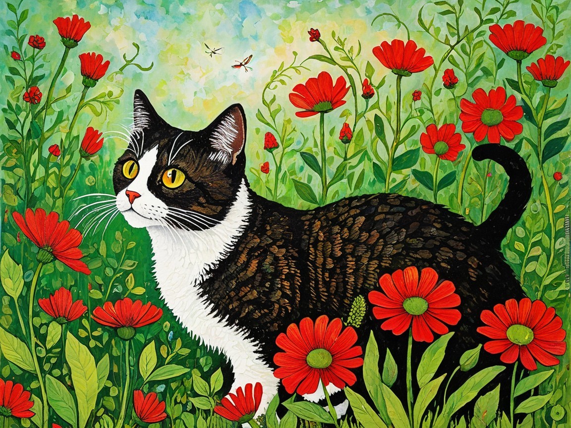 Playful Cat Among Vibrant Flowers in Garden Scene