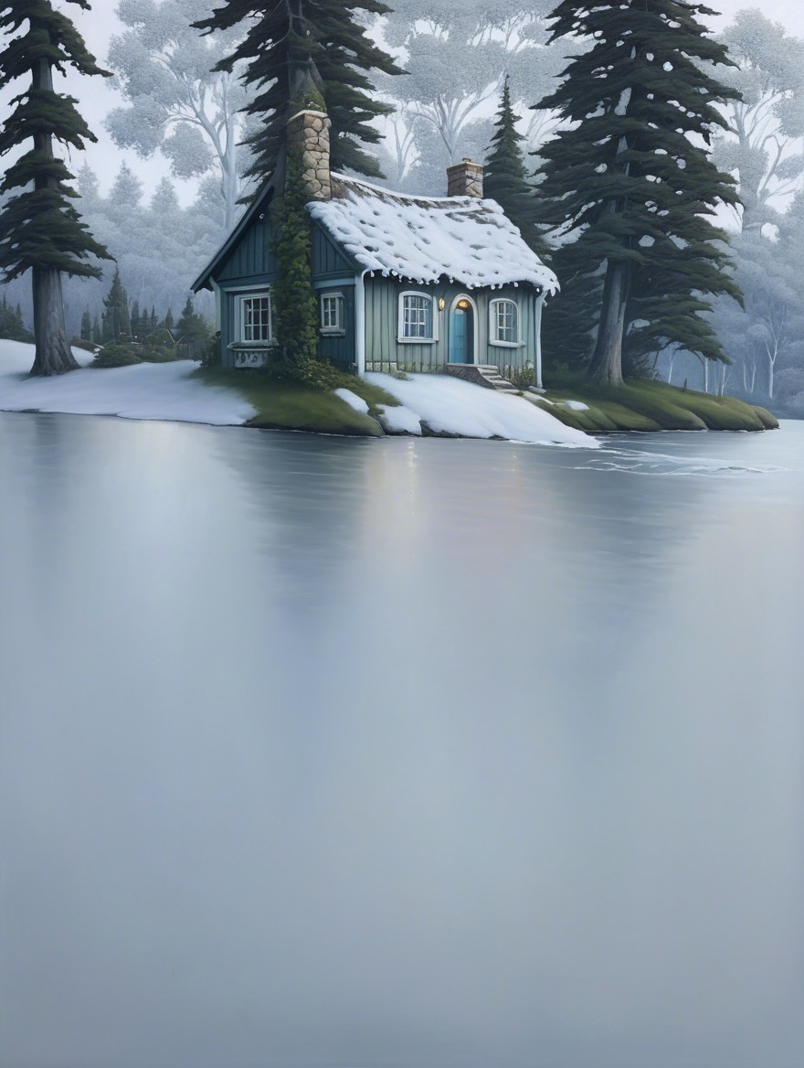Snow-Covered Cabin on Serene Island with Icy Lake