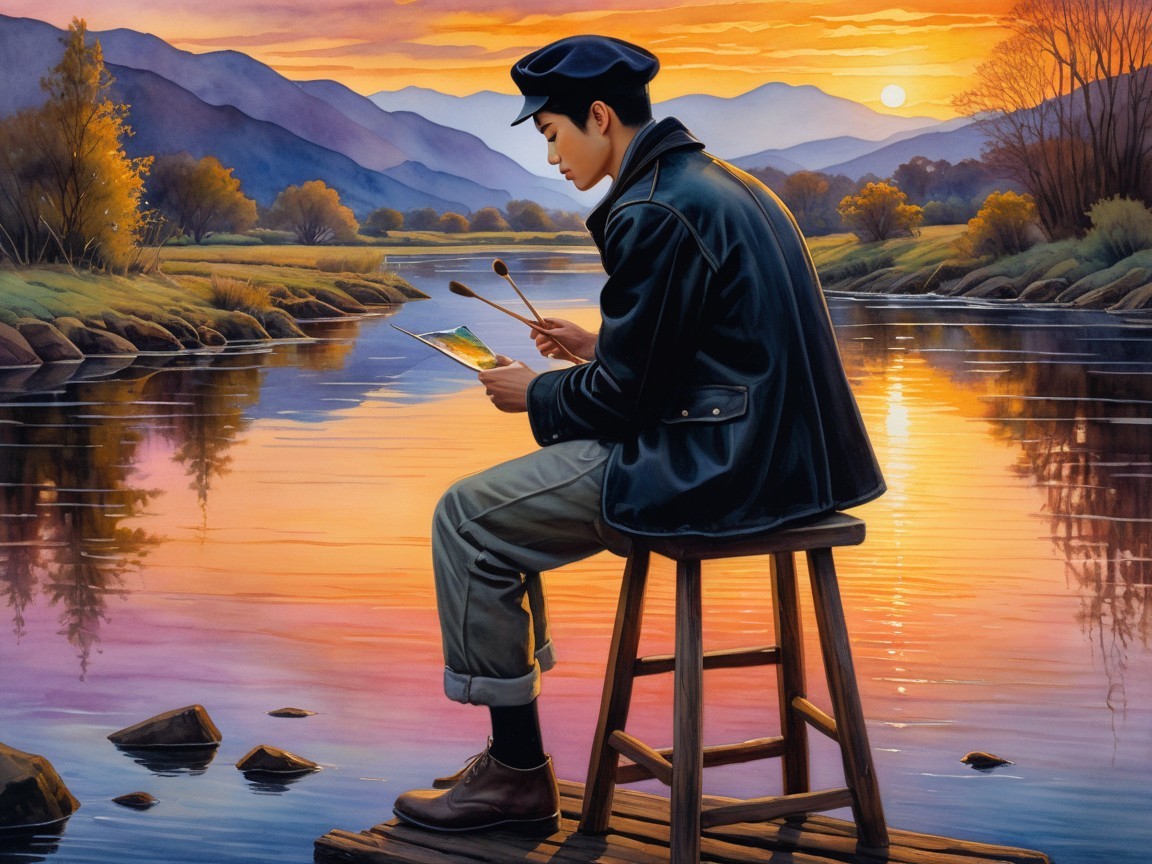 Young Artist Painting Sunset by Serene River