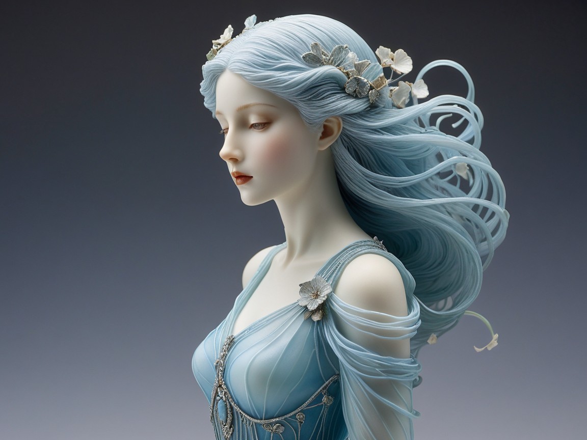 Elegant figure with blue hair and floral accents