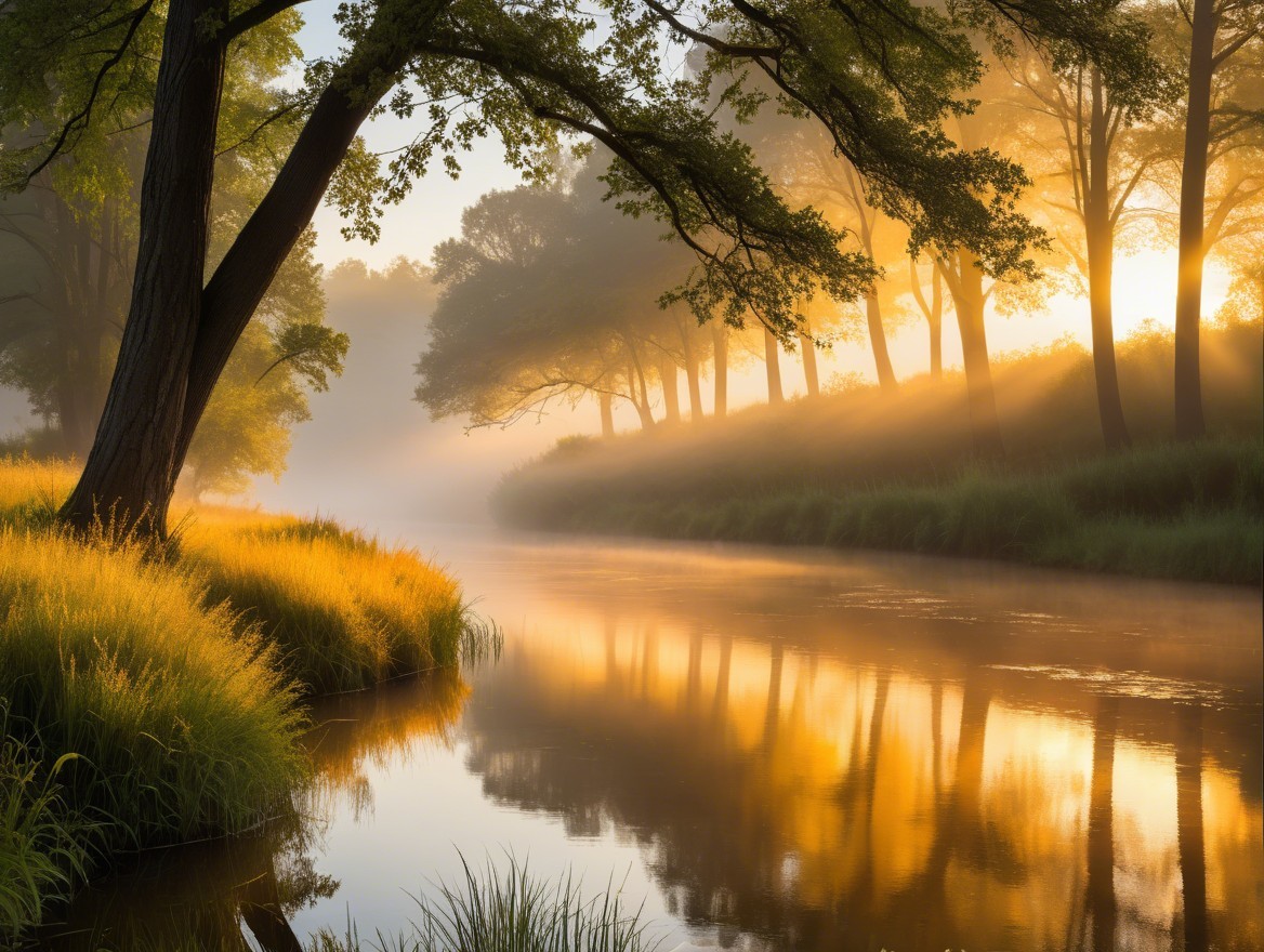 Serene River in Lush Landscape at Sunrise