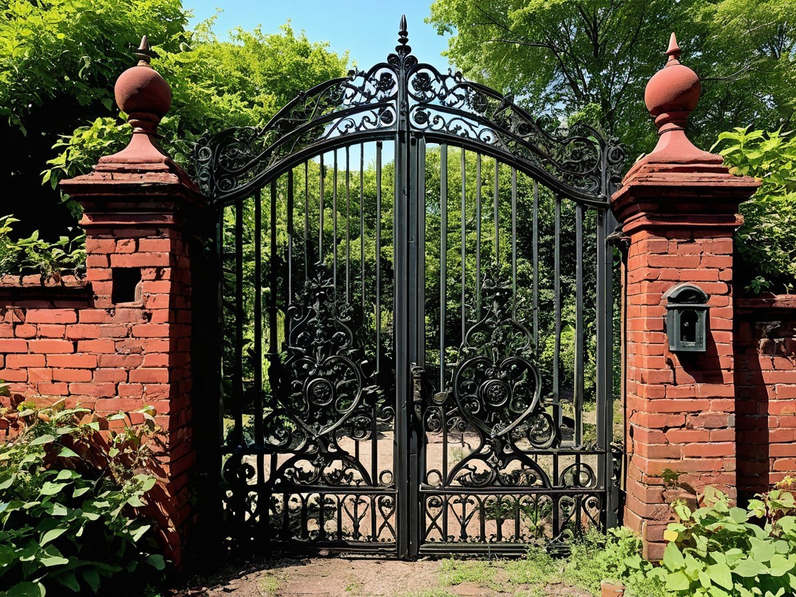Ornate Wrought Iron Gate Surrounded by Lush Foliage
