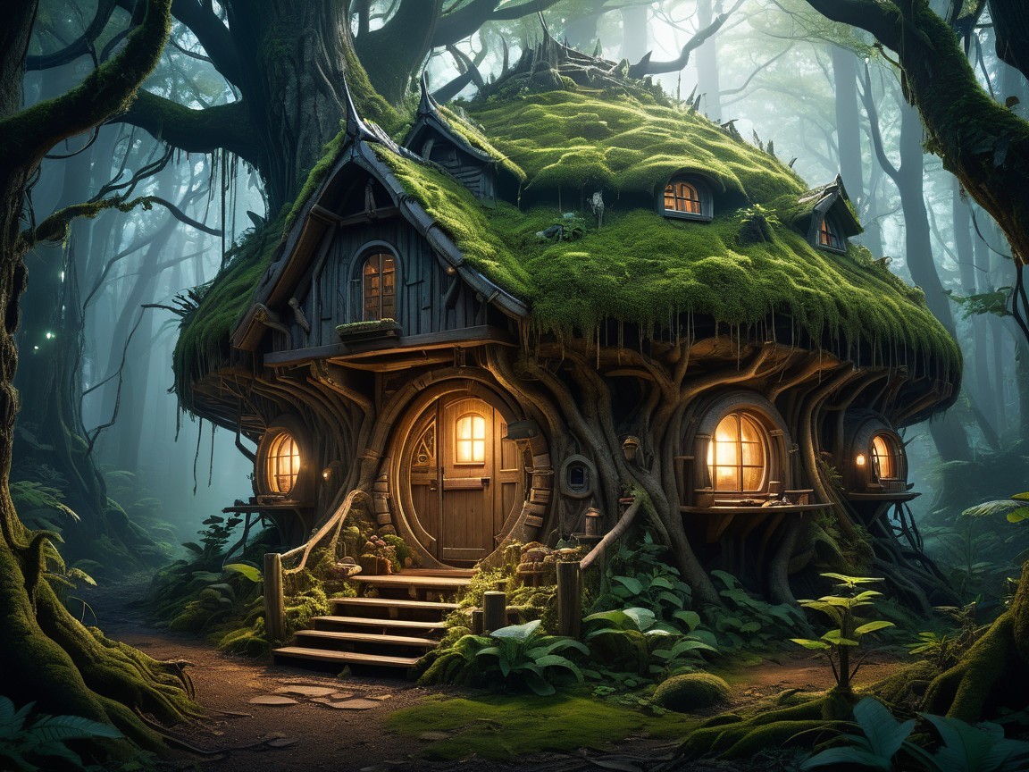 Enchanting Cottage in a Mystical Forest Setting
