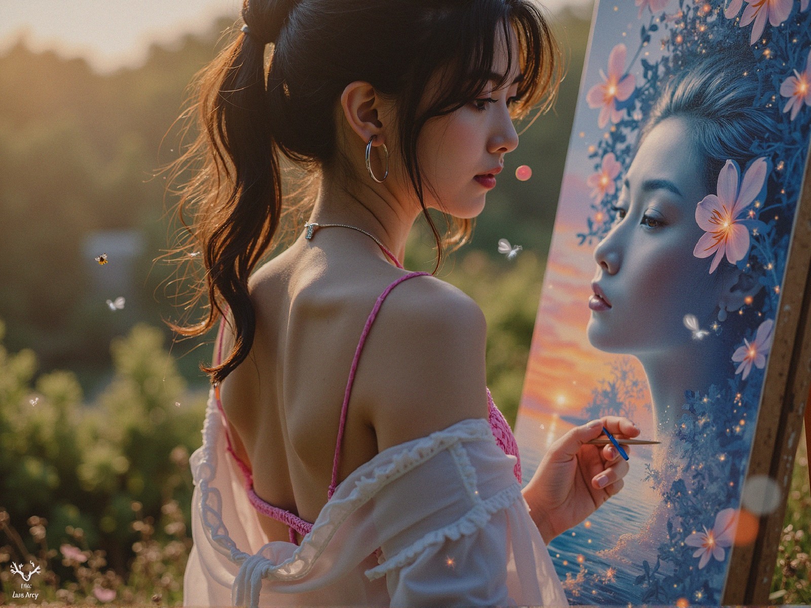 Young Woman Painting a Serene Landscape Outdoors