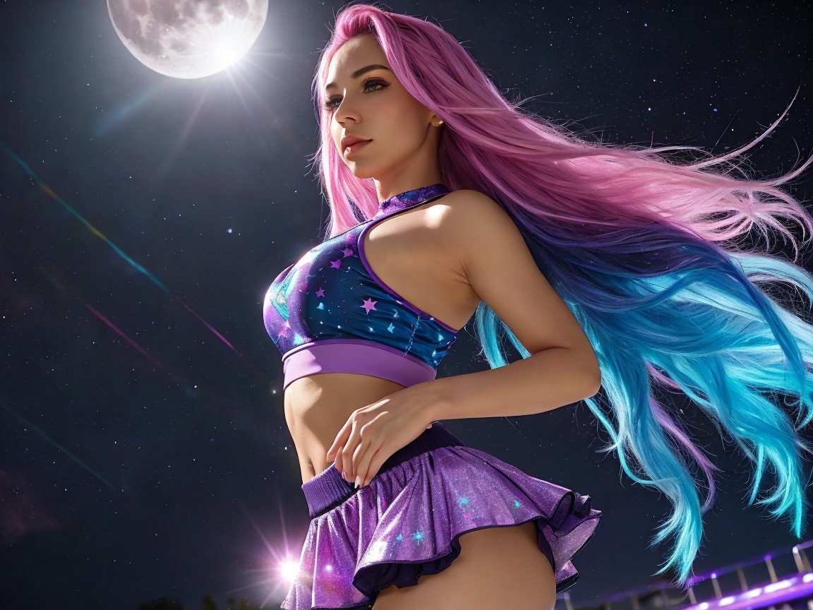 Woman in sparkly outfit under glowing full moon