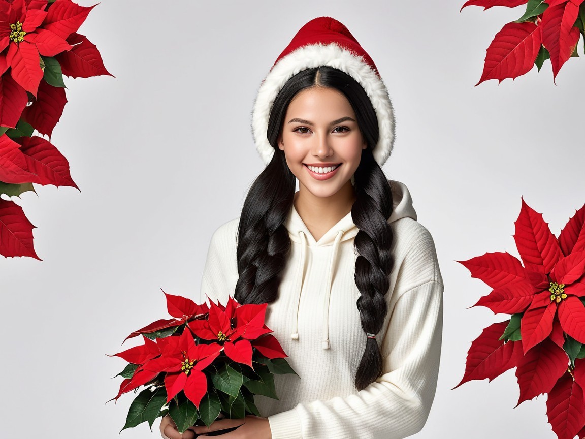Cheerful Woman in Santa Hat with Poinsettias