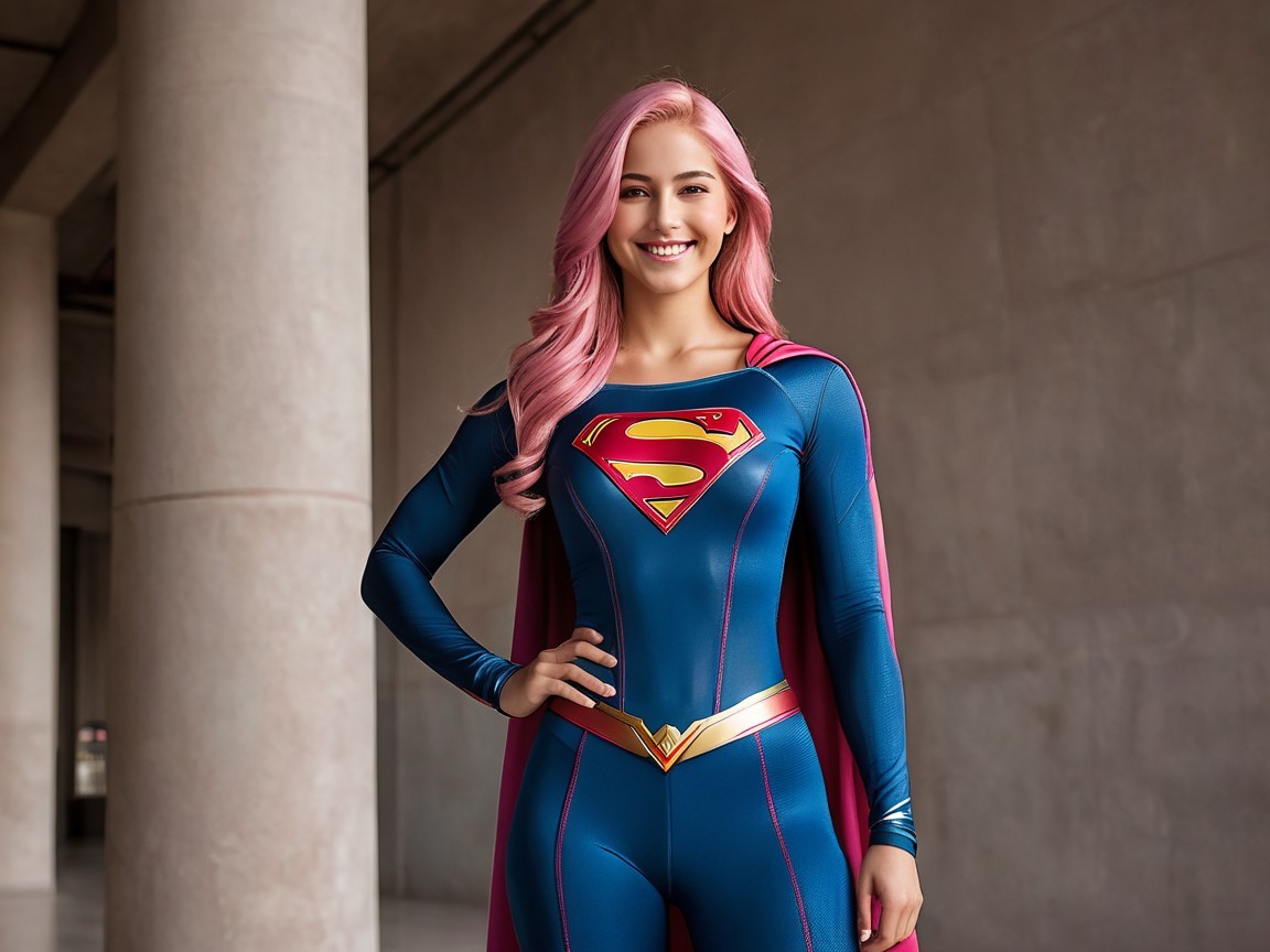 Superhero in Bright Costume with Modern Background