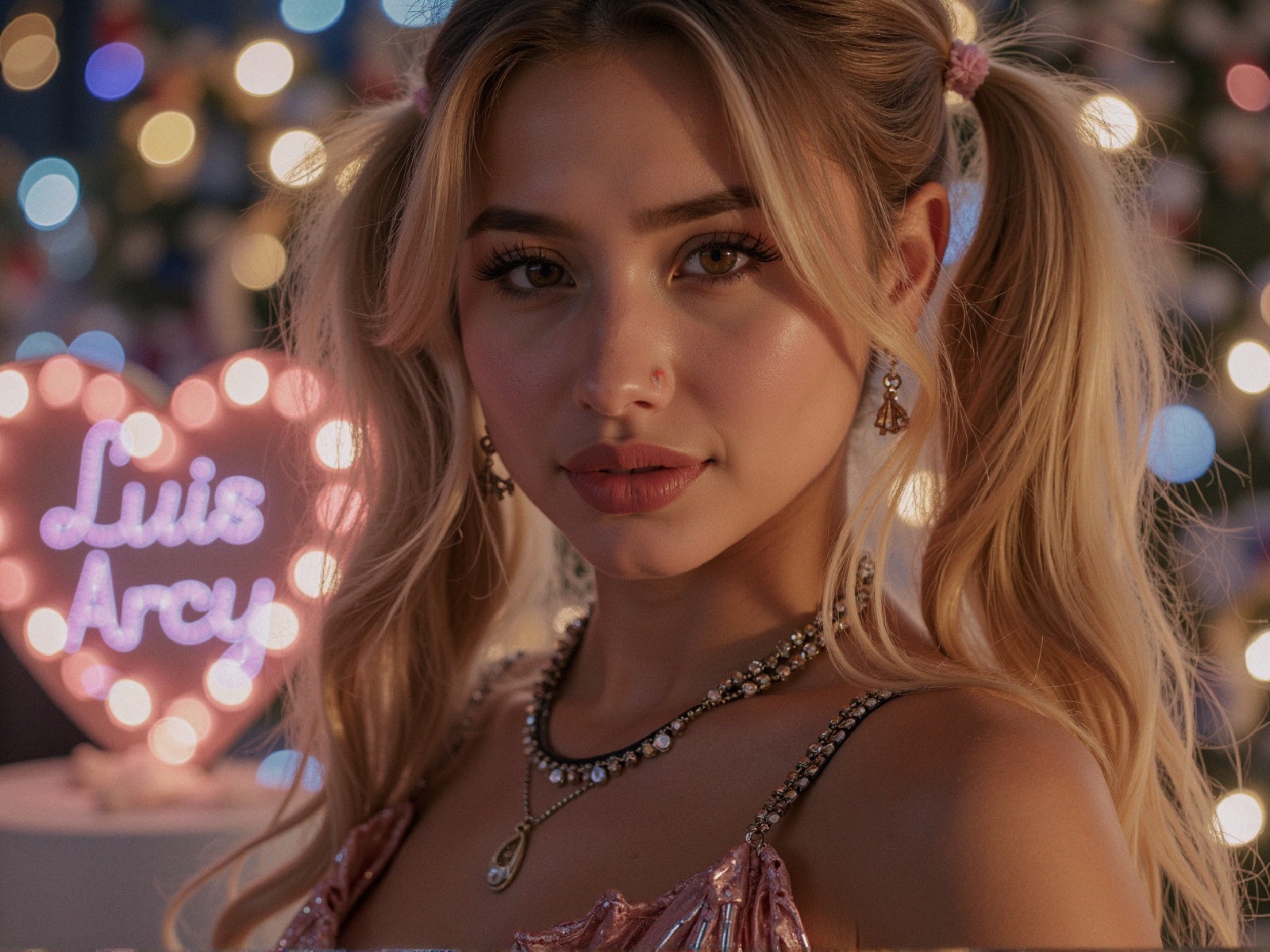 Young Woman in Pink Dress with Colorful Background