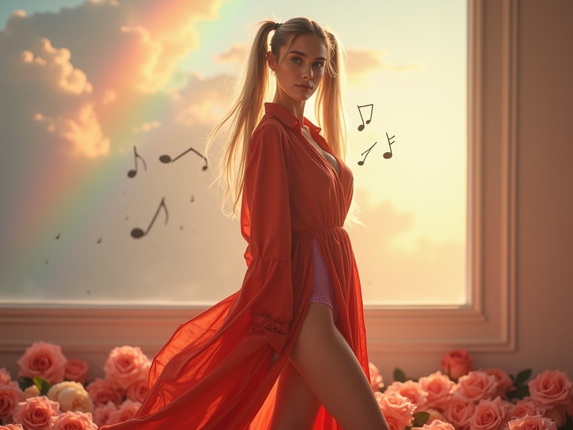Young woman in red dress by window with rainbow and roses