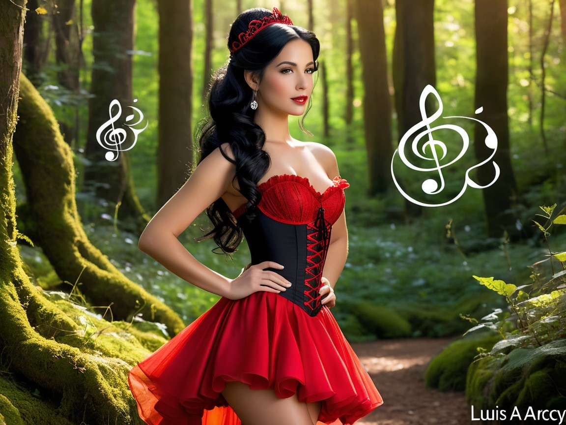 Elegant Woman in Red Corset in Magical Forest