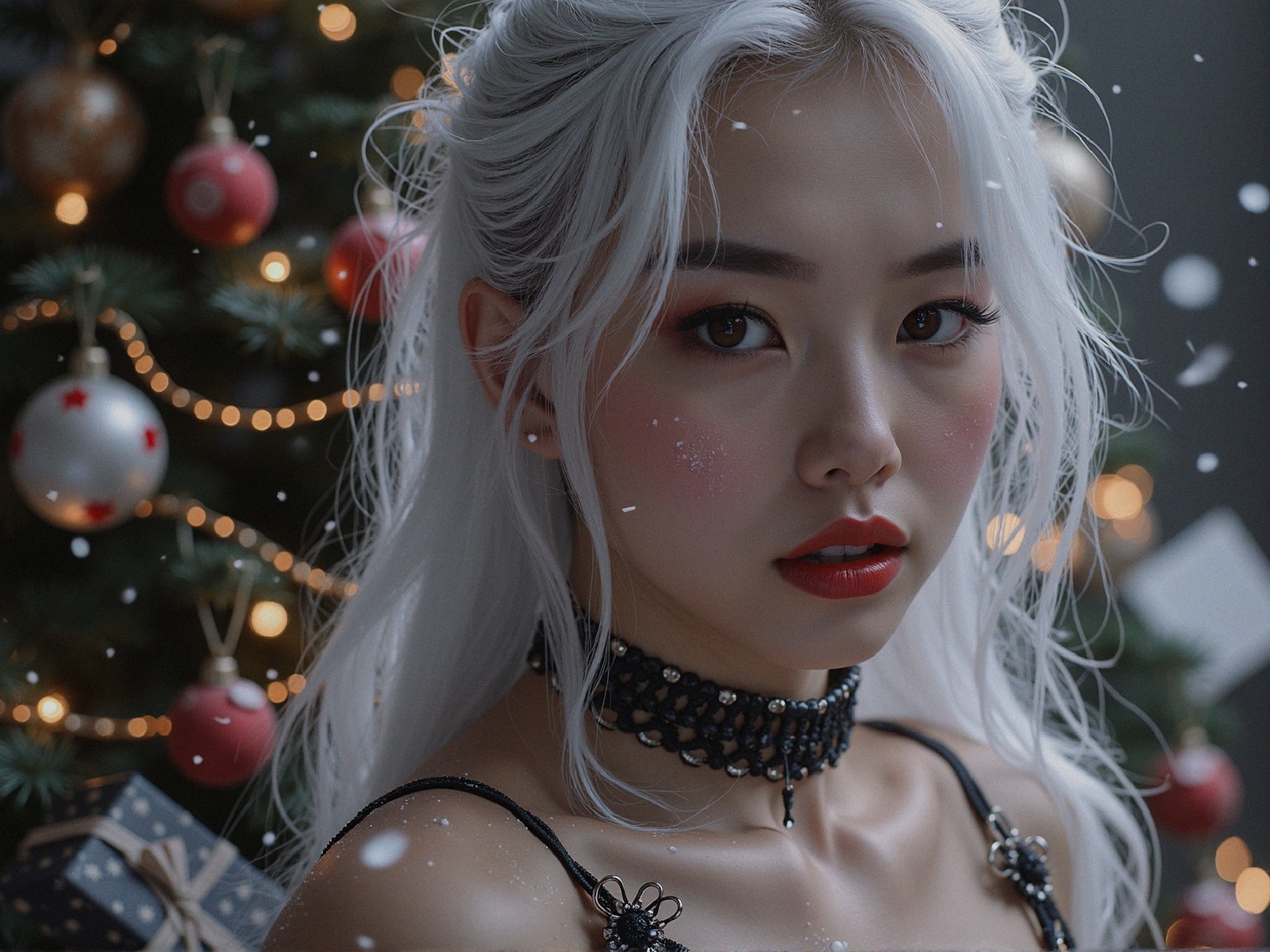 Woman with Silver Hair Against Christmas Backdrop