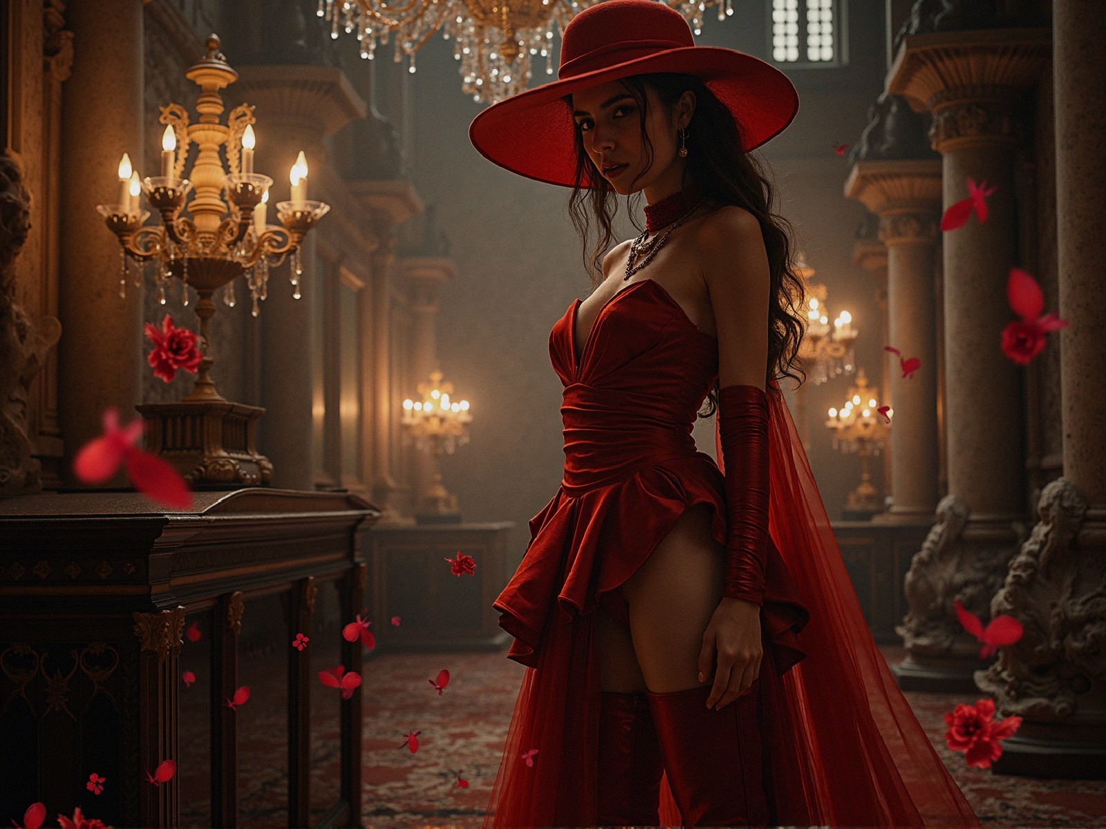 Elegant figure in red gown with butterflies and roses