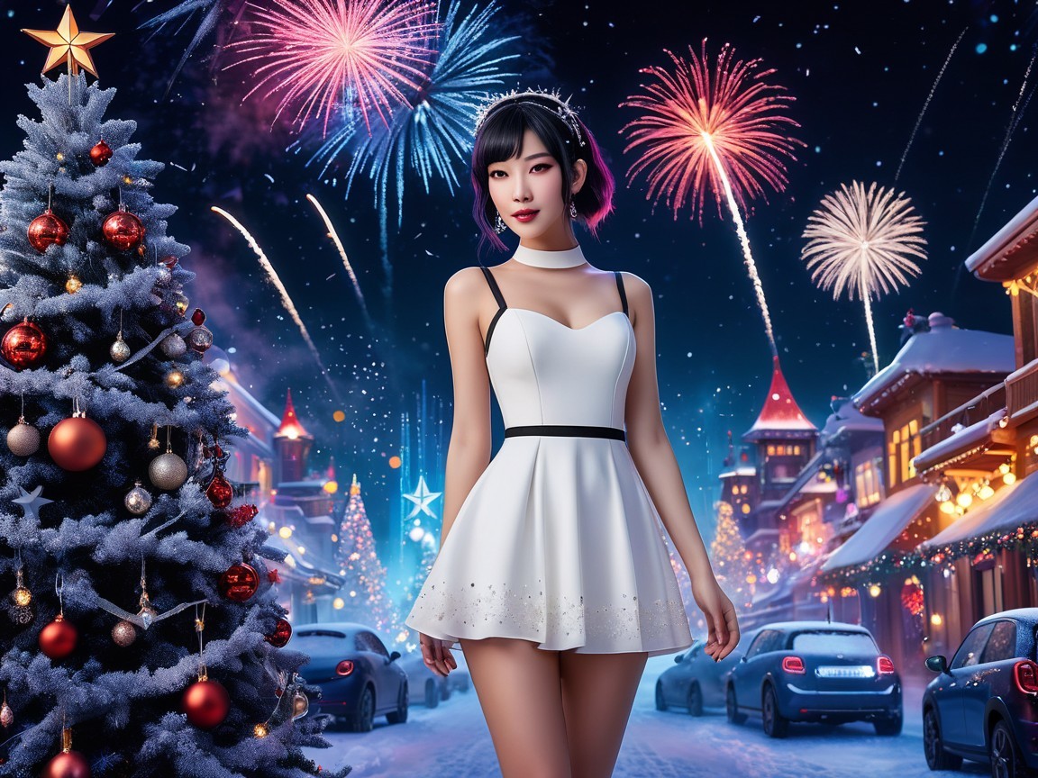 Winter Wonderland with Chic Dress and Fireworks