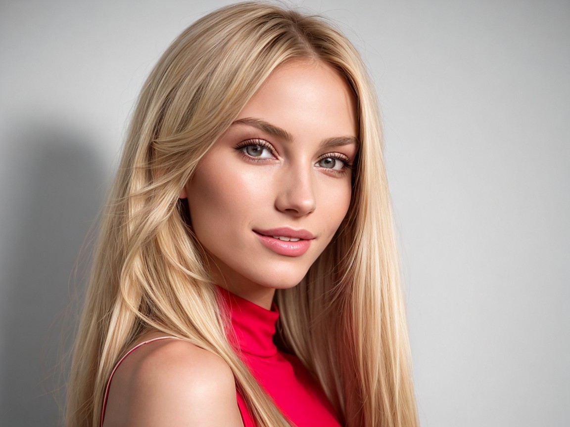 Young woman in red top with flowing blonde hair