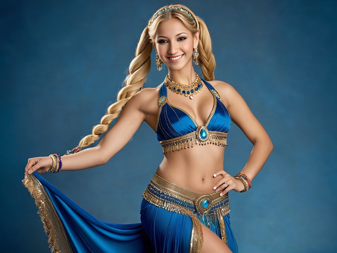 Smiling Woman in Shimmering Blue Belly Dance Costume