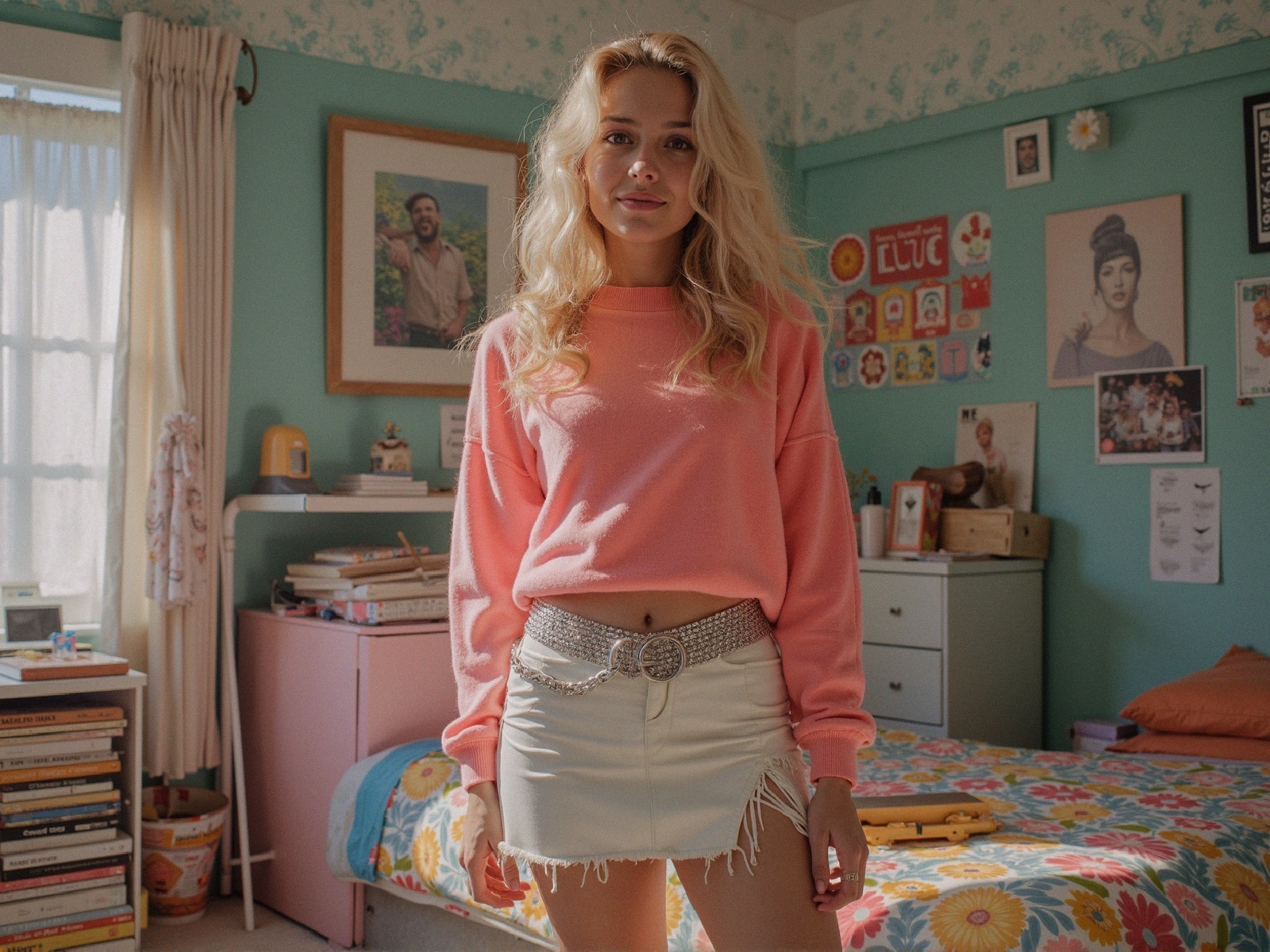 Cozy Room with Young Woman in Pastel Fashion