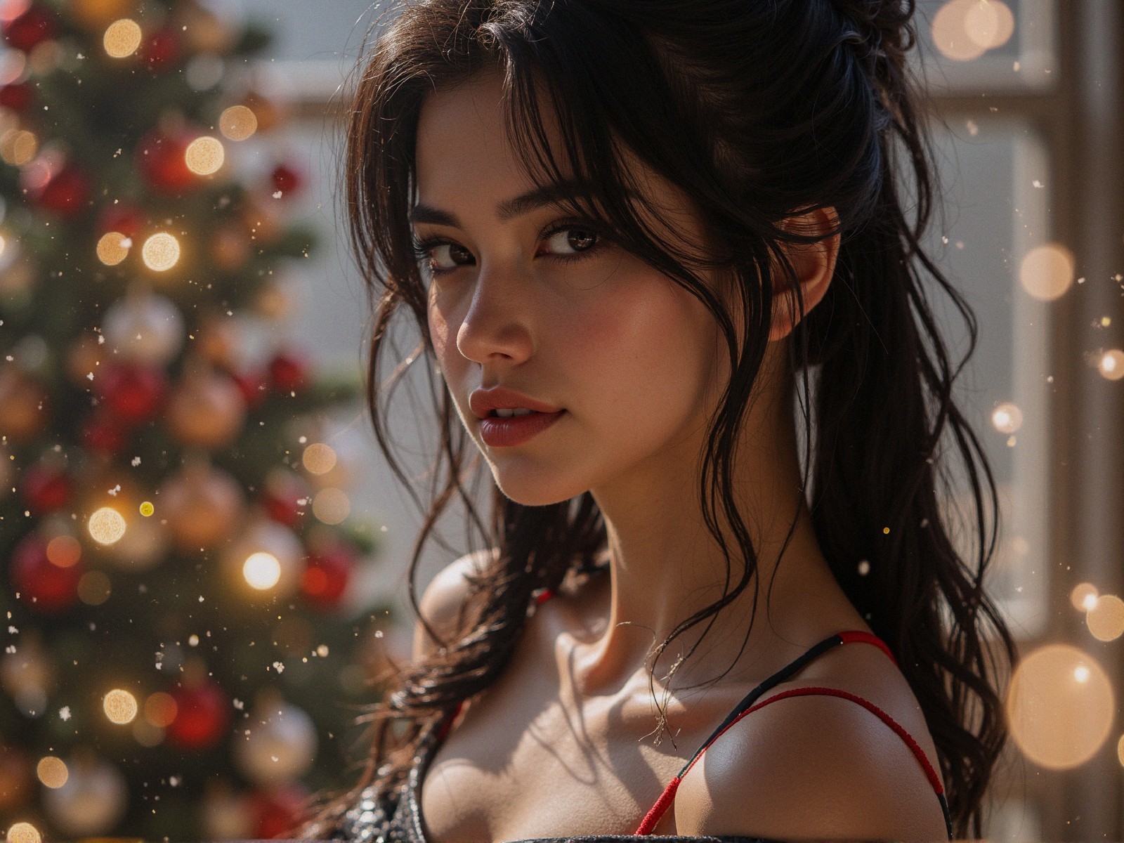 Close-Up of a Young Woman by a Decorated Christmas Tree