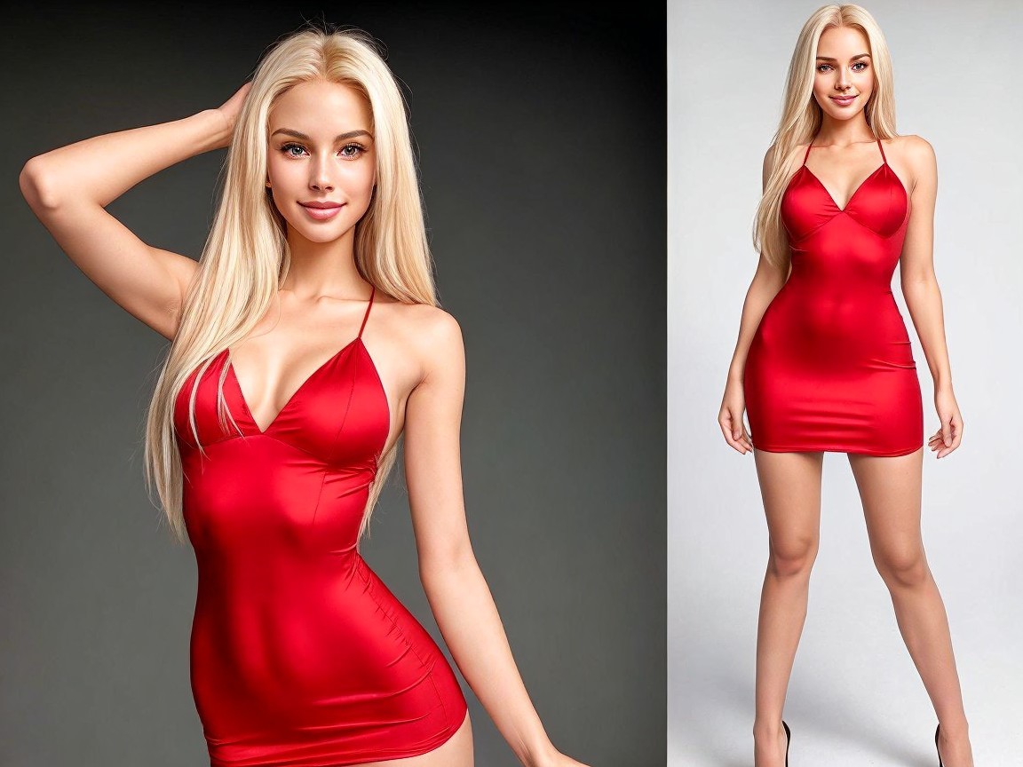 Young Woman in Red Dress Posing Confidently