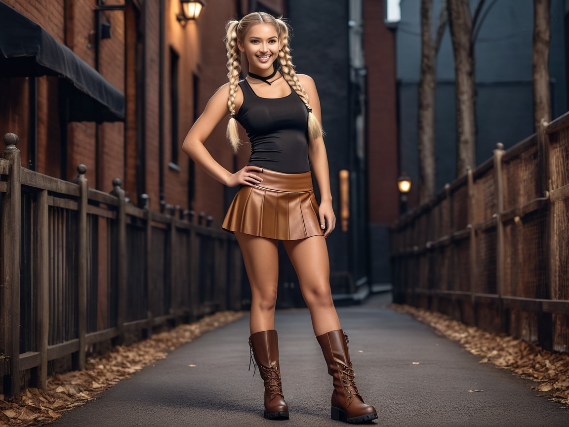 Young Woman in Stylish Outfit in Urban Alleyway