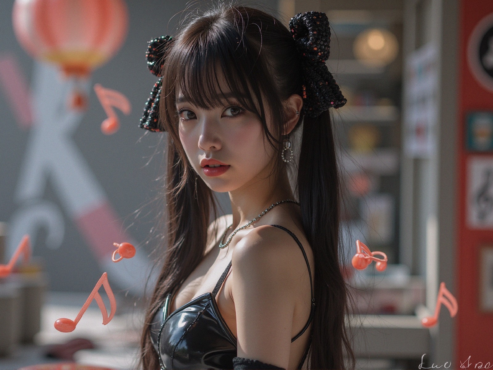 Young woman with pigtails in playful, vibrant setting