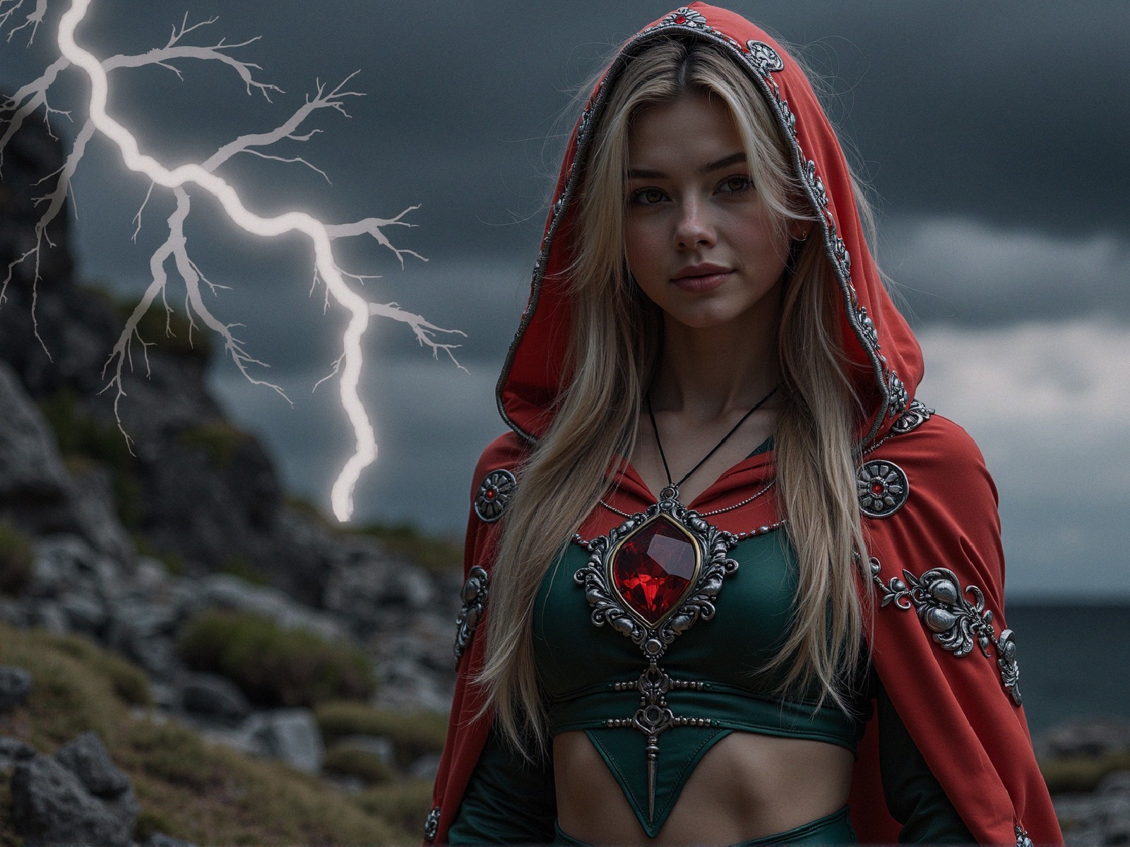 Figure in Red Cloak Against Stormy Rocky Landscape