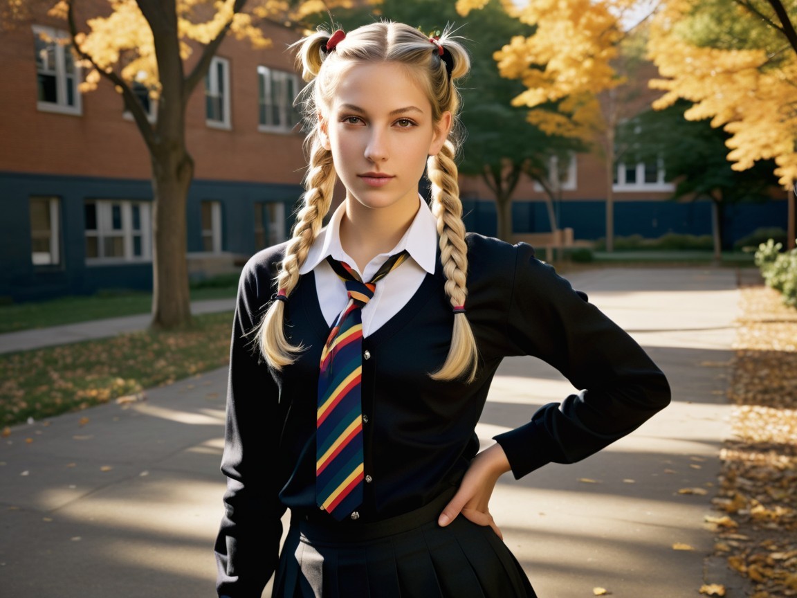 Young Woman in School Uniform on Autumn Day
