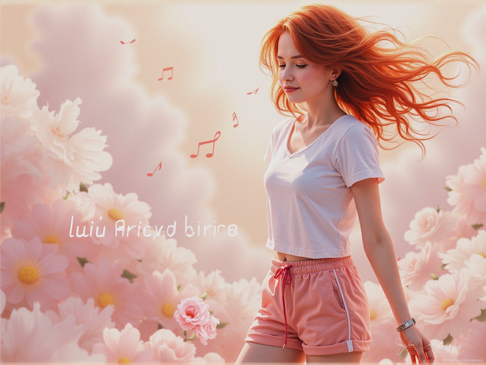 Young Woman in Pastel Floral Setting with Musical Notes