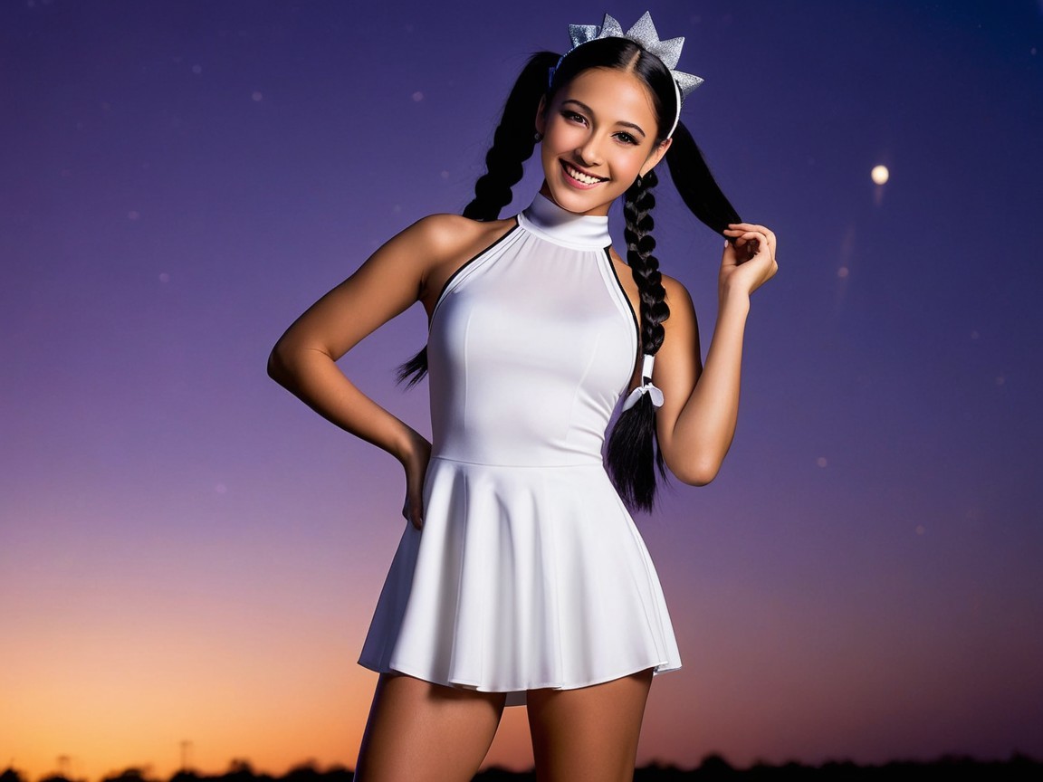 Young woman in white dress with twilight sky backdrop