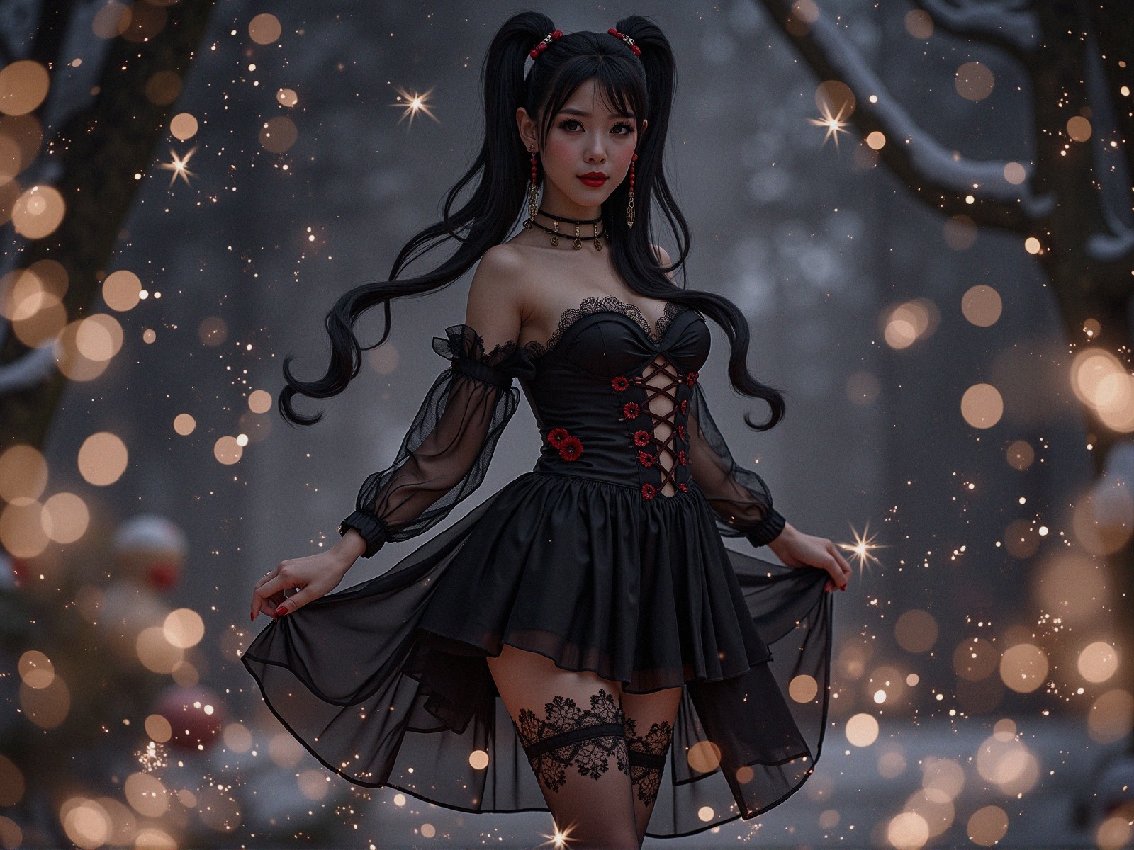 Young woman in whimsical winter setting with glowing lights