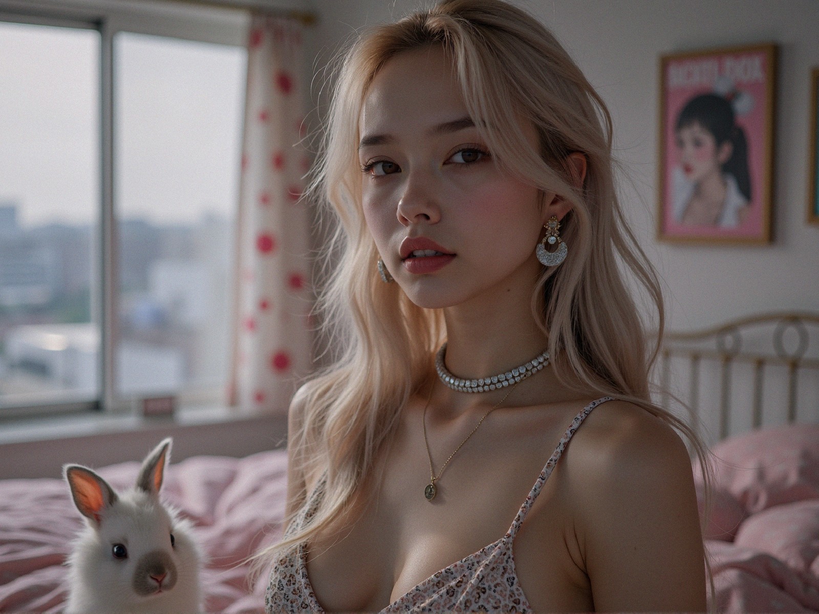 Young Woman in Pastel Bedroom with Rabbit and Art