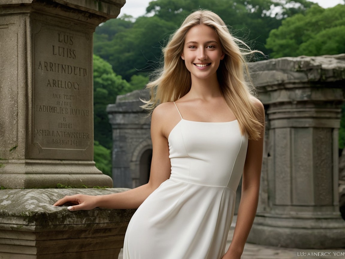 Young woman in flowy dress against stone structures