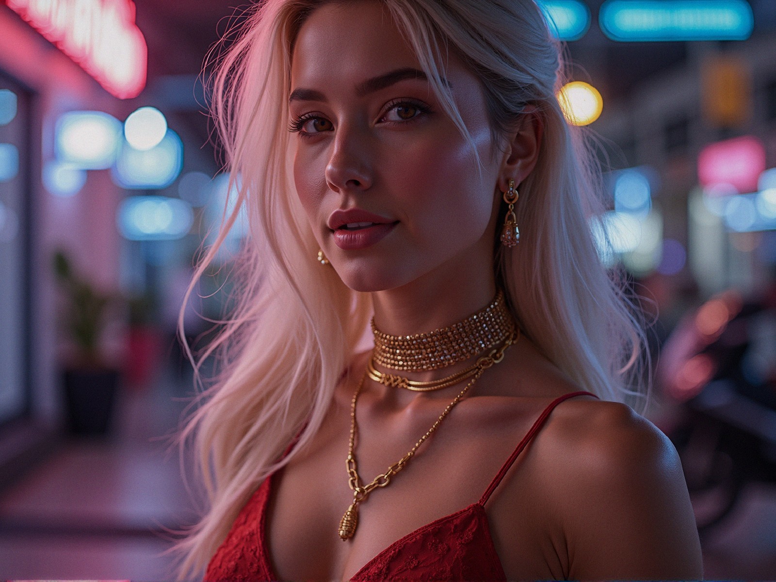 Woman with Blonde Hair in Neon Urban Night Scene