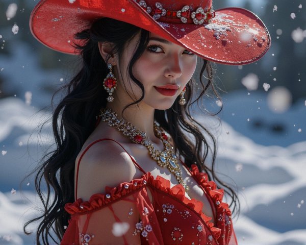 Woman in red floral outfit with winter backdrop