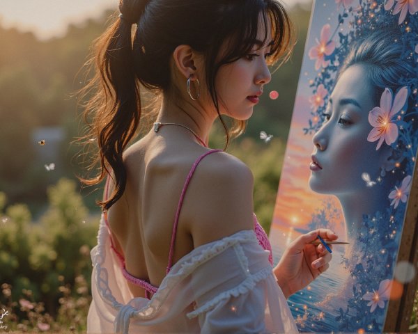 Young Woman Painting a Serene Landscape Outdoors