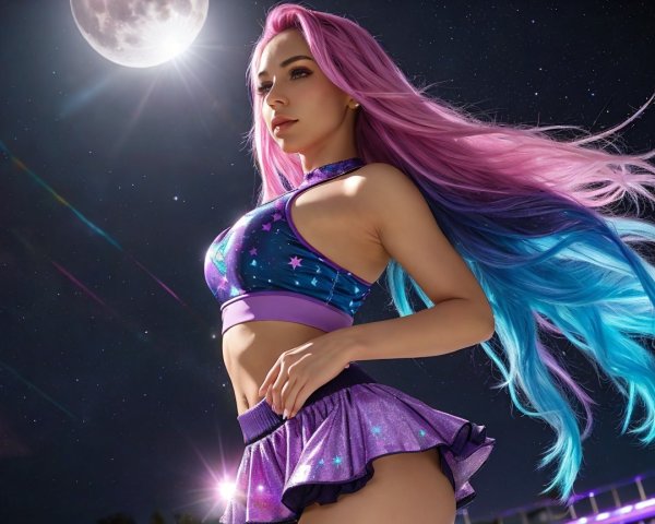 Woman in sparkly outfit under glowing full moon