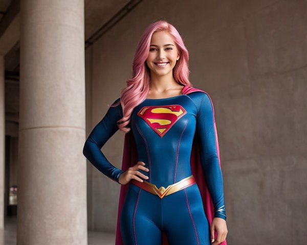 Superhero in Bright Costume with Modern Background