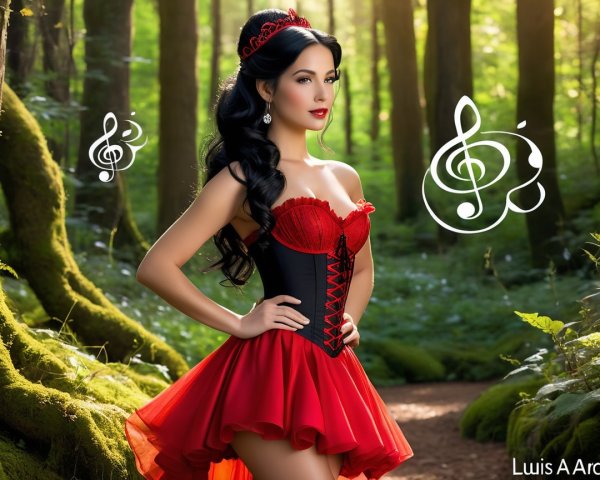 Elegant Woman in Red Corset in Magical Forest