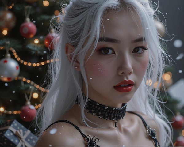 Woman with Silver Hair Against Christmas Backdrop