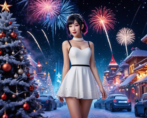 Winter Wonderland with Chic Dress and Fireworks