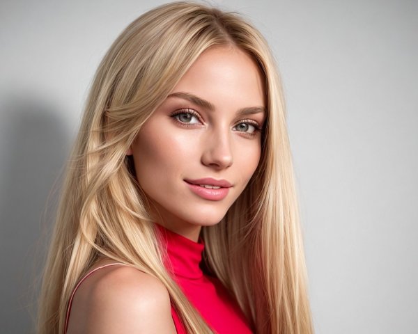 Young woman in red top with flowing blonde hair