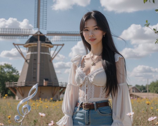 Young Woman in Wildflower Field with Windmill and Clef