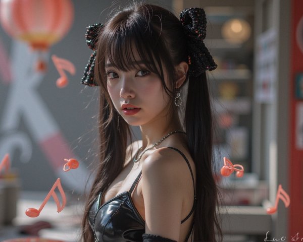 Young woman with pigtails in playful, vibrant setting